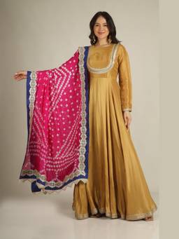 Jhambthread - Women's Uppada silk Mustard Anarkali Dress with Dupatta