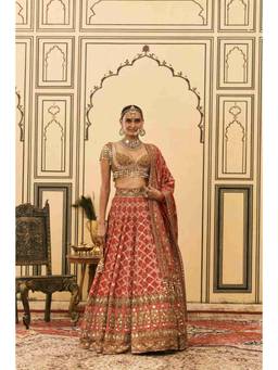 ITRH - Red Bandhani Lehenga With Blouse And Dupatta