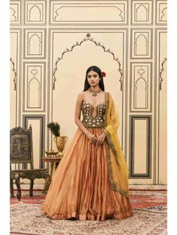 ITRH - Narangi Tissue Brocade Rust Lehenga With Corset And Dupatta