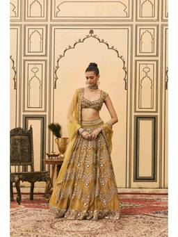 ITRH - Sarson Tissue Mustard Lehenga With Blouse And Dupatta