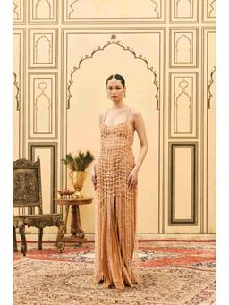 ITRH - Kesari Tissue Brocade Beads Rust Bralette with Skirt And Dress