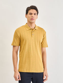 LINDBERGH - Mens Mustard Textured Relaxed Fit Jacquard Polo T-Shirt
