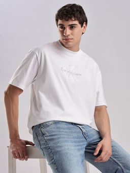 Calvin Klein - White Embroidered Logo Relaxed Fit Cotton T-shirt