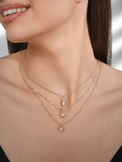Gold Contemporary Stylish Cubic Zirconia Studded Beach Stack Layered Women Necklace
