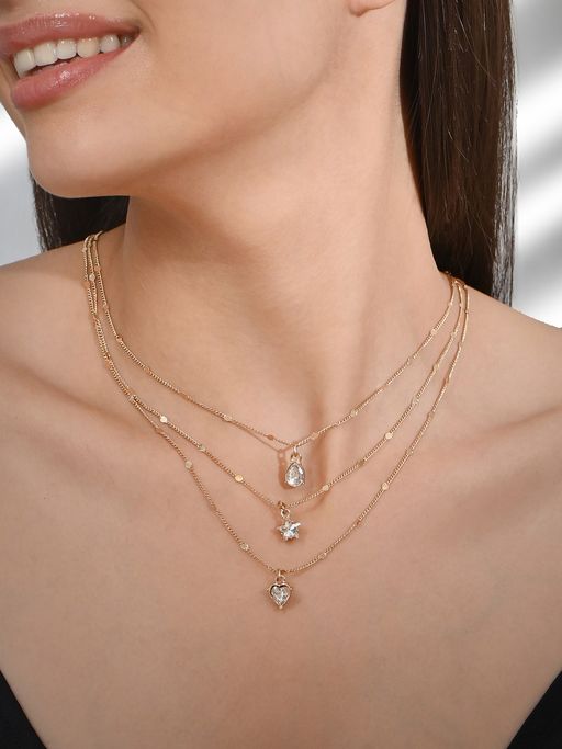 ToniQ Gold Contemporary Stylish Cubic Zirconia Studded Beach Stack Layered Women Necklace