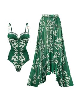 MISS MOSA BY AKANKSHA - Green Coralie Printed Swimsuit with Skirt