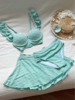 MISS MOSA BY AKANKSHA - Aqua Gabin Floral Bra with Panty & Skirt