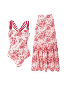 MISS MOSA BY AKANKSHA - Gianna Printed White Swimsuit with Skirt
