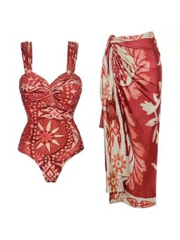 MISS MOSA BY AKANKSHA - Rust Opaline Printed Swimsuit with Sarong