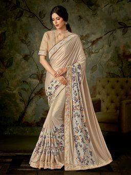 Odette - Cream Lycra Designer Saree with Unstitched Blouse