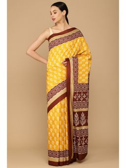 Soch - Women Yellow Printed Saree with Unstitched Blouse