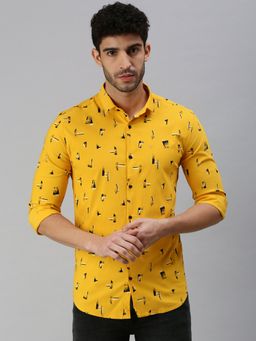 SHOWOFF - Men Roll-Up Sleeves Mustard Abstract Shirt