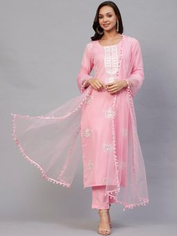 Gahan - Womens Pink Rayon Blend Embroidery Kurta with Pant & Dupatta
