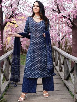 Gahan - Womens Blue Rayon Blend Printed Kurta with Palazzo & Dupatta