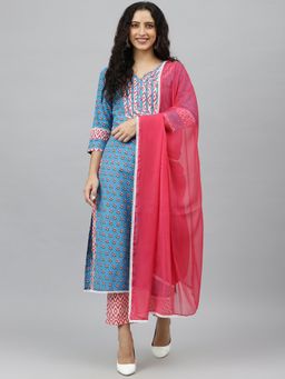 Gahan - Womens Sky Blue Rayon Blend Printed Kurta with Pant & Dupatta