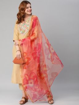 Gahan - Womens Beige Rayon Blend Printed Kurta with Pant & Dupatta