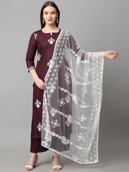 Gahan - Womens Wine Rayon Blend Embroidery Kurta with Pant & Dupatta
