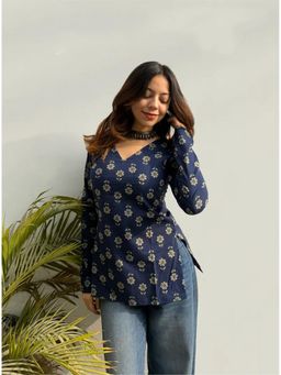 Gahan - Womens Navy Blue Rayon Blend Printed Straight Kurti