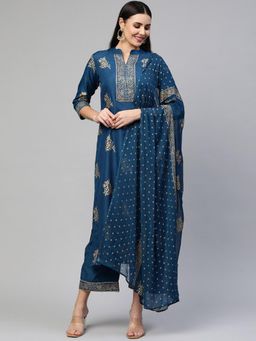 Gahan - Womens Blue Rayon Blend Printed Kurta with Palazzo & Dupatta