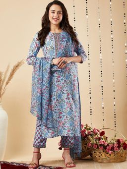 Gahan - Womens Sky Blue Rayon Blend Printed Kurta with Pant & Dupatta