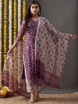 Gahan - Womens Purple Rayon Blend Printed Kurta with Pant & Dupatta