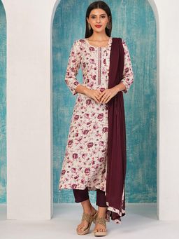 Gahan - Womens Wine Rayon Blend Printed Kurta with Pant & Dupatta