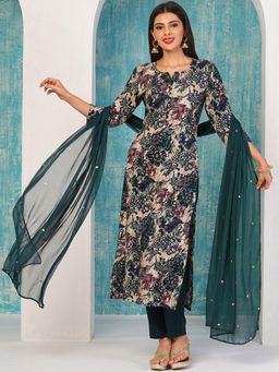 Gahan - Womens Rama Green Rayon Blend Printed Kurta with Pant & Dupatta