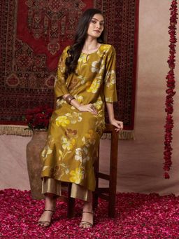 Gahan - Womens Mustard Rayon Blend Printed Kurta with Pant