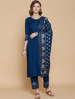 Gahan - Womens Blue Rayon Blend Solid Kurta with Pant & Dupatta