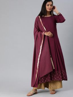 Gahan - Womens Maroon Rayon Blend Printed Anarkali Kurta with Palazzo & Dupatta