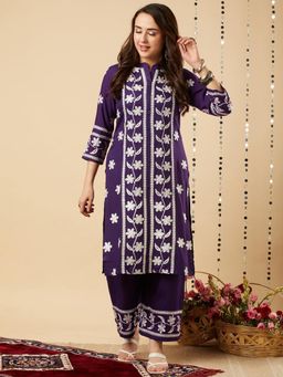 Gahan - Womens Purple Rayon Blend Embroidery Kurta with Palazzo