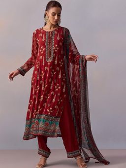 Gahan - Womens Red Rayon Blend Printed Kurta with Pant & Dupatta