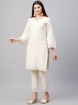 Gahan - Womens Cream Rayon Blend Embroidery Kurta with Pant