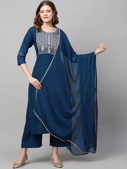 Gahan - Womens Blue Rayon Blend Embroidery Kurta with Pant & Dupatta