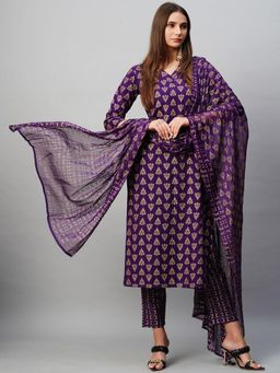 Gahan - Womens Purple Rayon Blend Printed Kurta with Pant & Dupatta