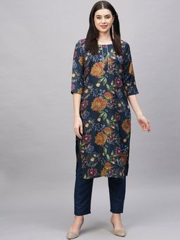 Gahan - Womens Blue Rayon Blend Printed Kurta with Pant