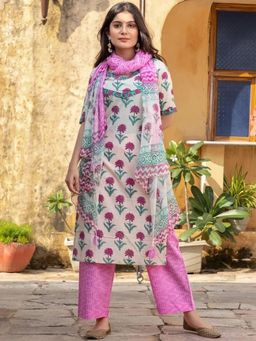 Gahan - Womens Cream Rayon Blend Printed Kurta with Pant & Dupatta