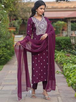 Gahan - Womens Wine Rayon Blend Embroidery Kurta with Pant & Dupatta