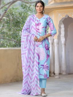 Gahan - Womens Blue Rayon Blend Printed Kurta with Pant & Dupatta
