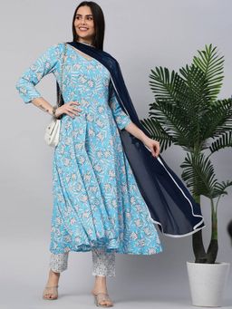 Gahan - Womens Blue Rayon Blend Printed Anarkali Kurta with Pant & Dupatta
