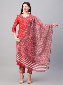 Gahan - Womens Red Rayon Blend Printed Kurta with Pant & Dupatta