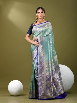 CHARUKRITI - Women Teal Silk Blend Floral Saree with Unstitched Blouse