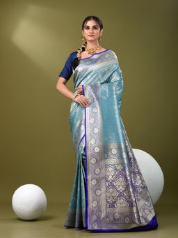 CHARUKRITI - Women Blue Silk Blend Floral Saree with Unstitched Blouse