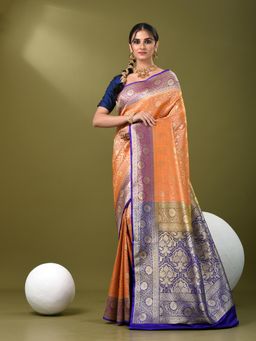 CHARUKRITI - Women Mustard Silk Blend Floral Saree with Unstitched Blouse