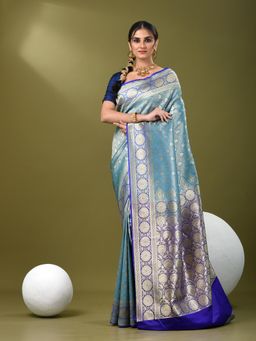 CHARUKRITI - Women Blue Silk Blend Floral Saree with Unstitched Blouse