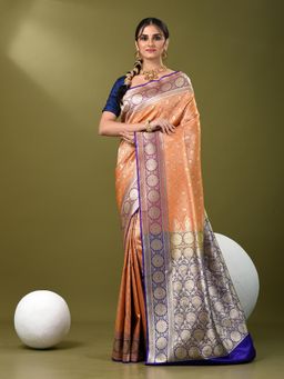 CHARUKRITI - Women Orange Silk Blend Floral Saree with Unstitched Blouse