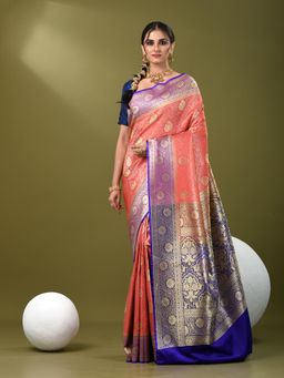 CHARUKRITI - Women Pink Silk Blend Floral Saree with Unstitched Blouse