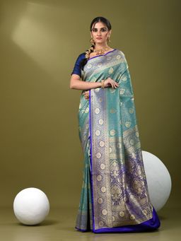 CHARUKRITI - Women Teal Silk Blend Floral Saree with Unstitched Blouse