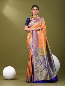 CHARUKRITI - Women Orange Silk Blend Floral Saree with Unstitched Blouse