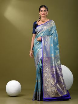 CHARUKRITI - Women Blue Silk Blend Floral Saree with Unstitched Blouse